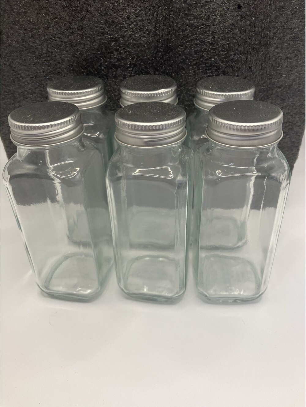Lot Of 6 Glass Square Neck Bottles Spice Jars Metal Cap Screw Top 6x2x2 New